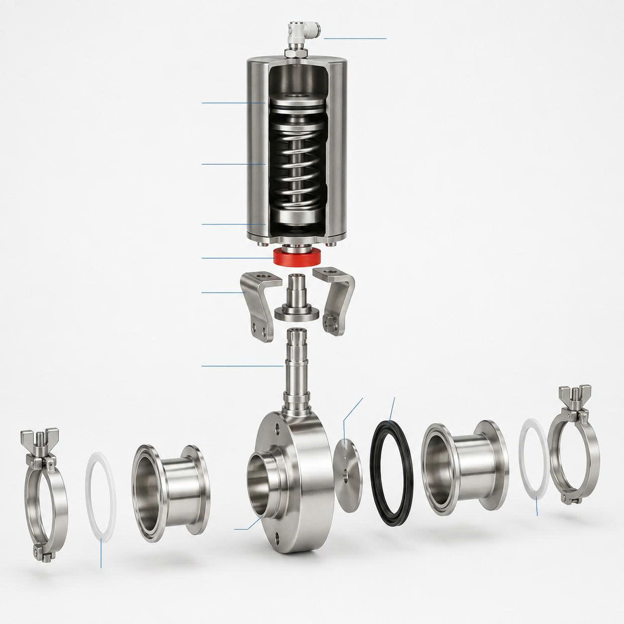 Cấu tạo van bướm khí nén nối Clamp gồm actuator, thân van, đĩa van và gioăng
