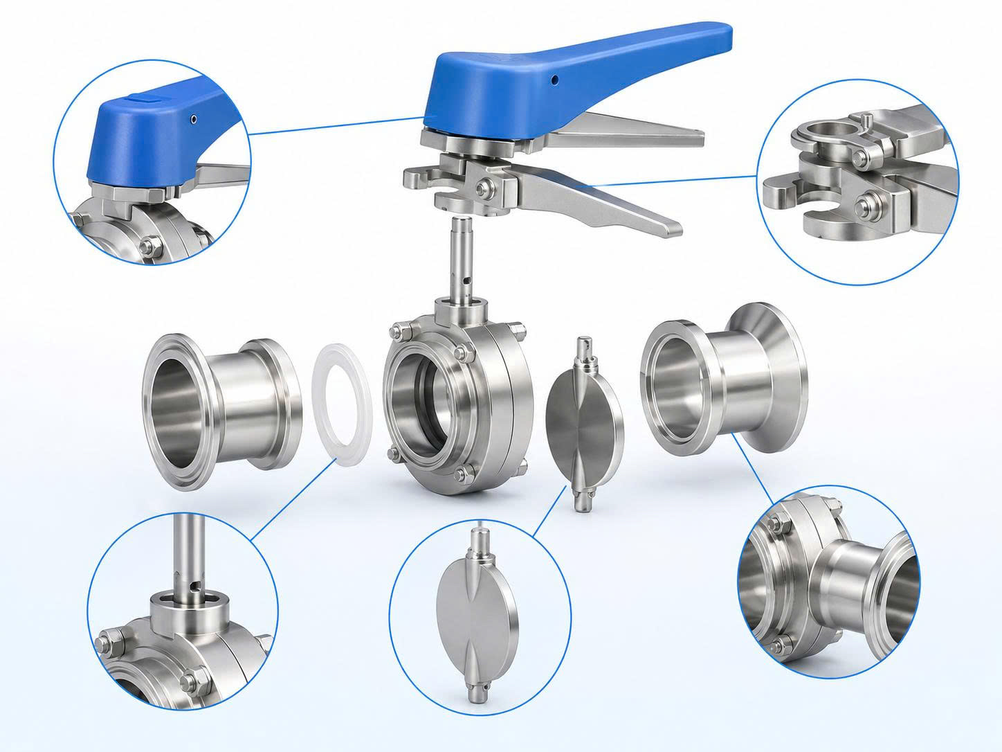 Cấu tạo van bướm vi sinh tay kẹp inox