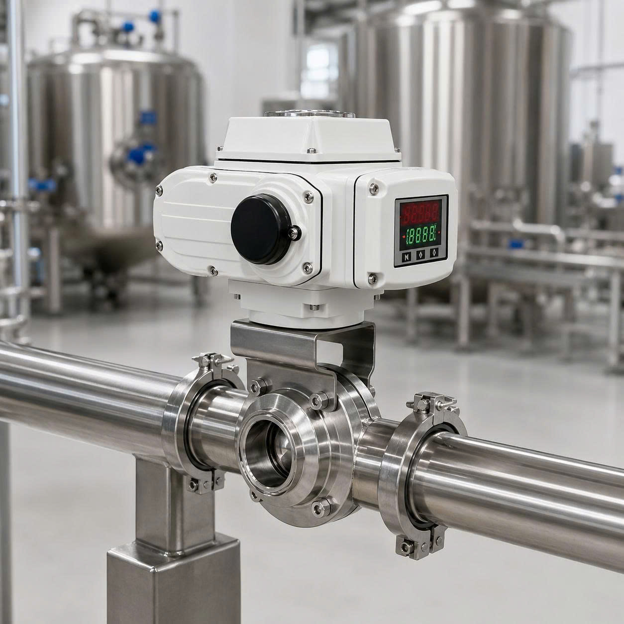 Van bướm điện Clamp lắp trên đường ống inox trong nhà máy thực phẩm
