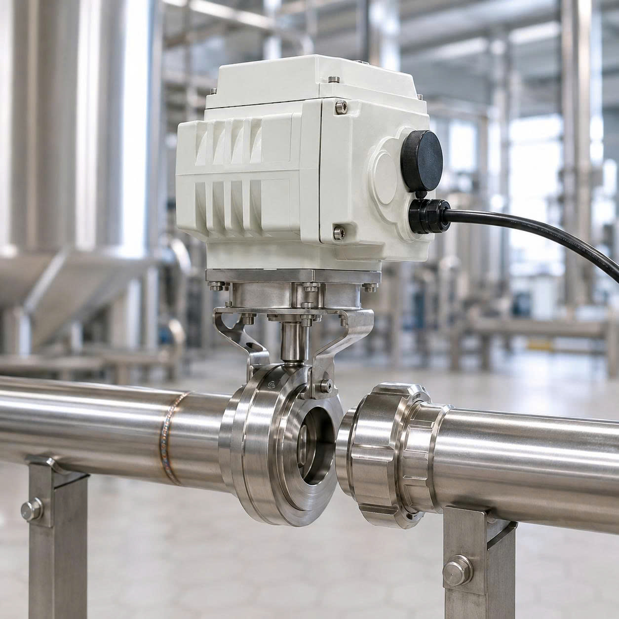 Van bướm điện hàn rắc co lắp trên đường ống inox vi sinh trong nhà máy thực phẩm