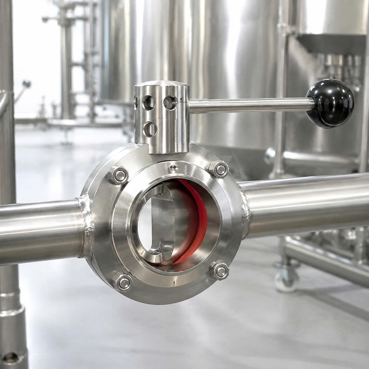 Van bướm tay rút hàn lắp trên đường ống inox trong nhà máy thực phẩm