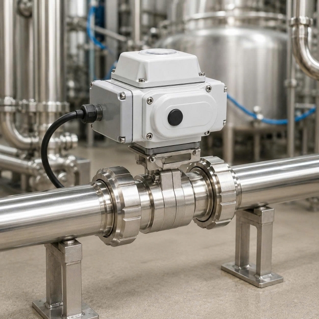 Van bướm điện nối rắc co inox vi sinh