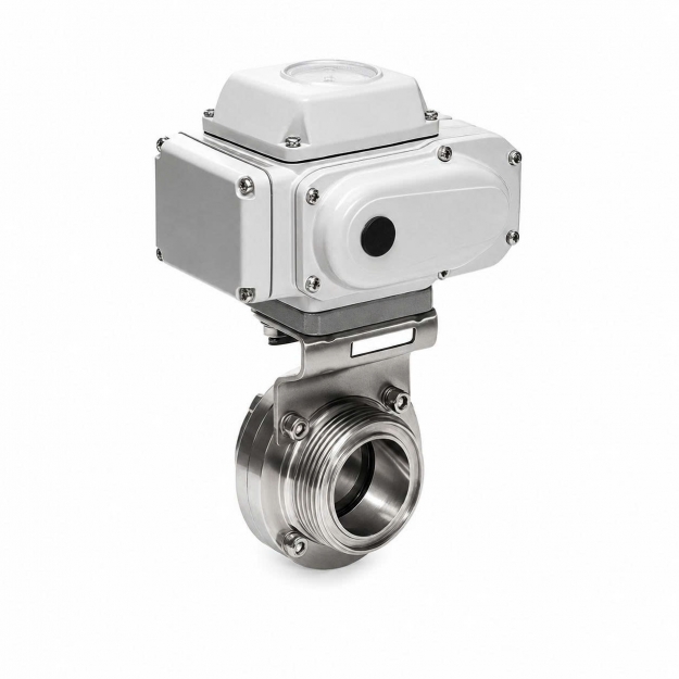 Van bướm điện nối rắc co inox vi sinh
