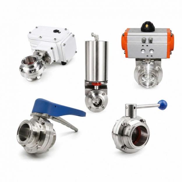 Van bướm inox vi sinh – Tay rút, điều khiển điện, khí nén